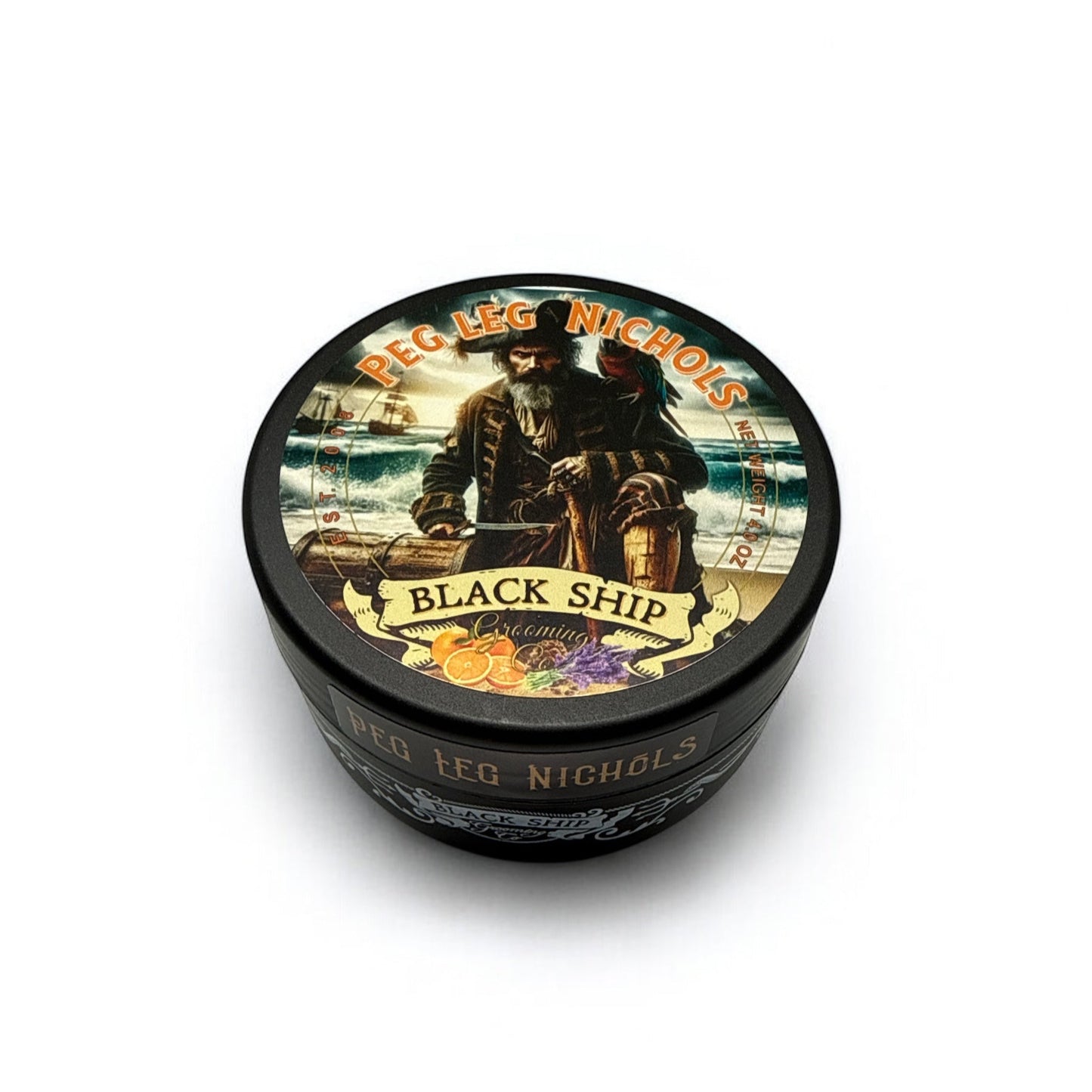 Jar of Peg Leg Nichols Shaving Cream on a white background