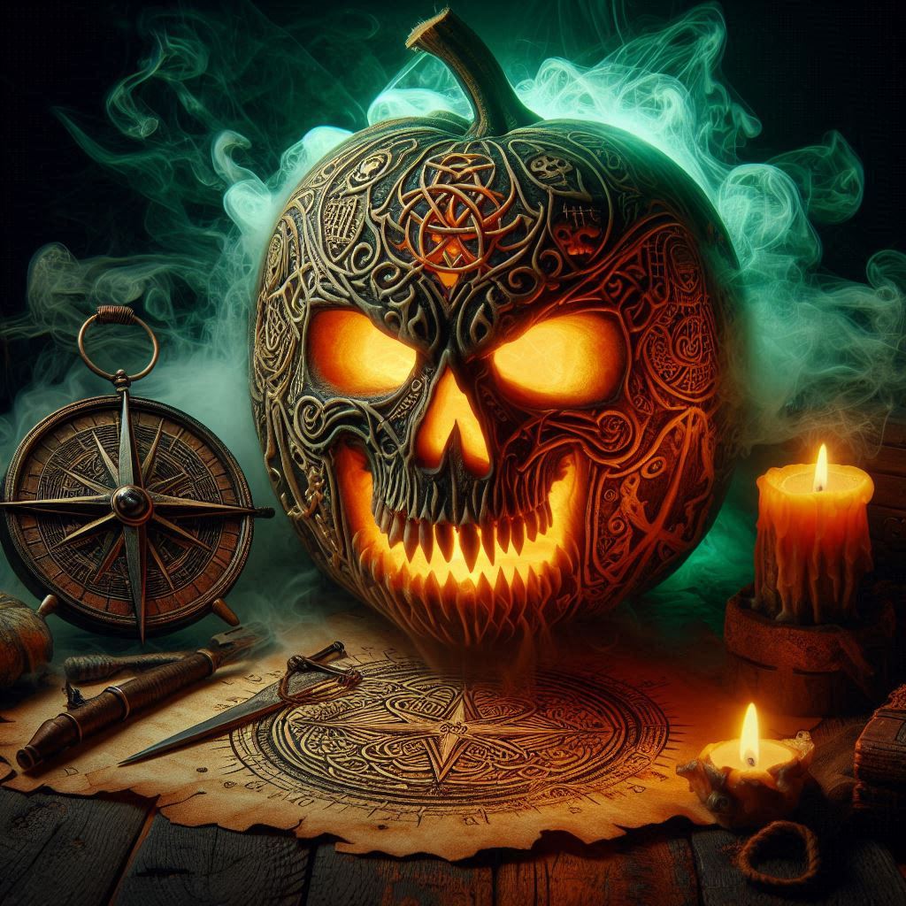 Samhain's curse pumpkin with runic drawings
