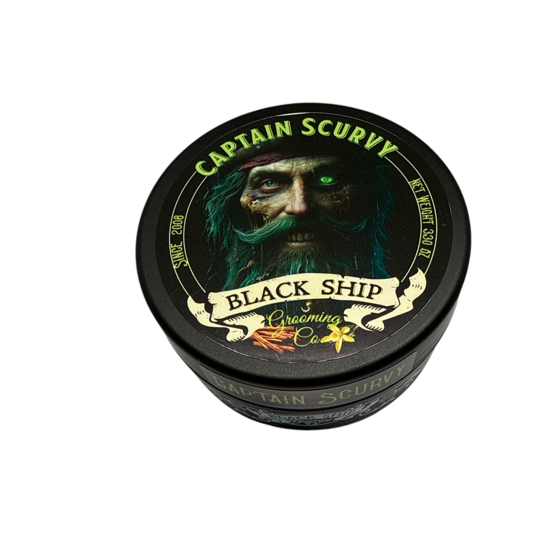 Jar of Captain Scurvy shaving soap by Black Ship Grooming Co. on a white background