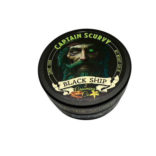 Jar of Captain Scurvy shaving soap by Black Ship Grooming Co. on a white background