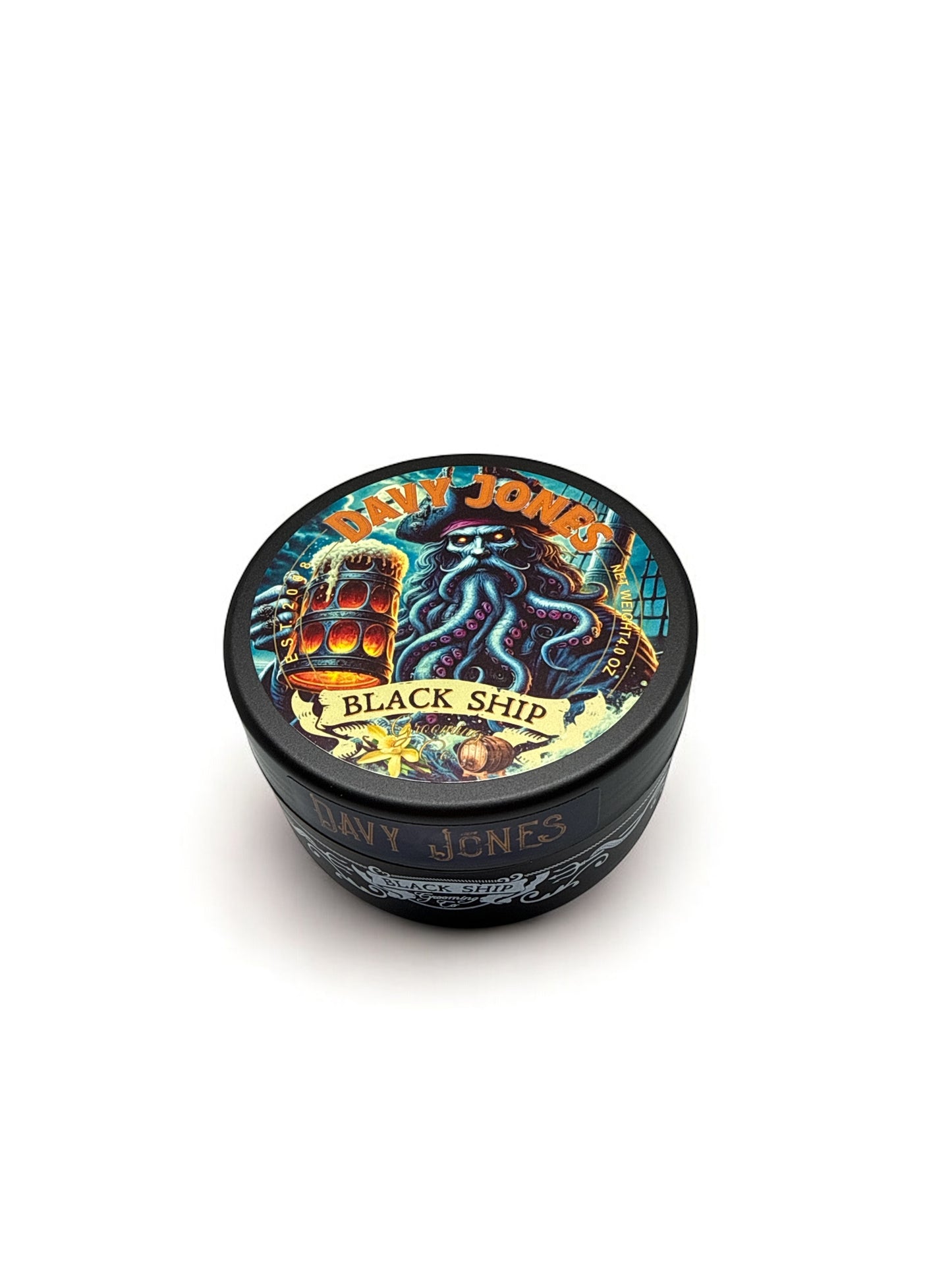 Jar of Davy Jones shaving soap by Black Ship grooming co.  on a white background
