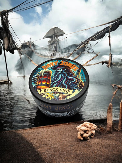 Pirate ship with a 'Davy Jones shaving soap' product container in the foreground