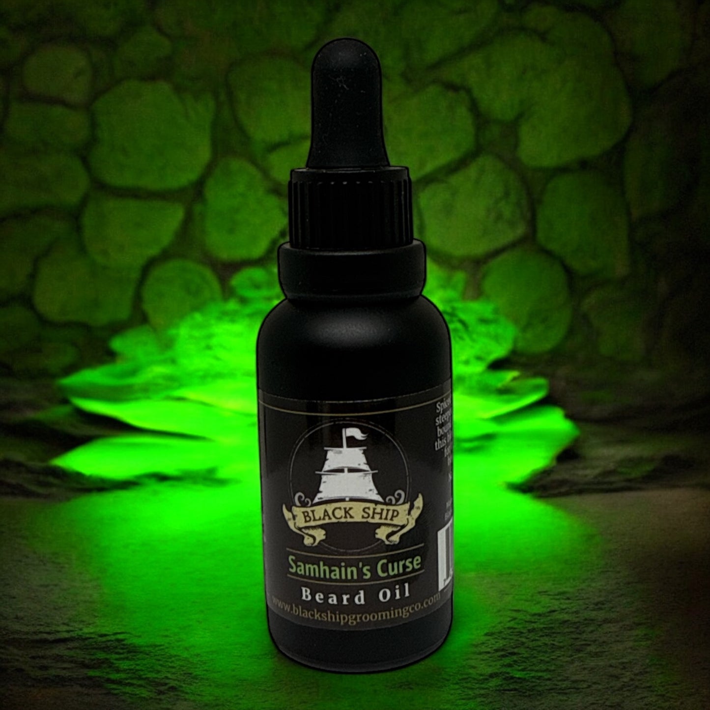 samhain's curse beard oil spooky green background